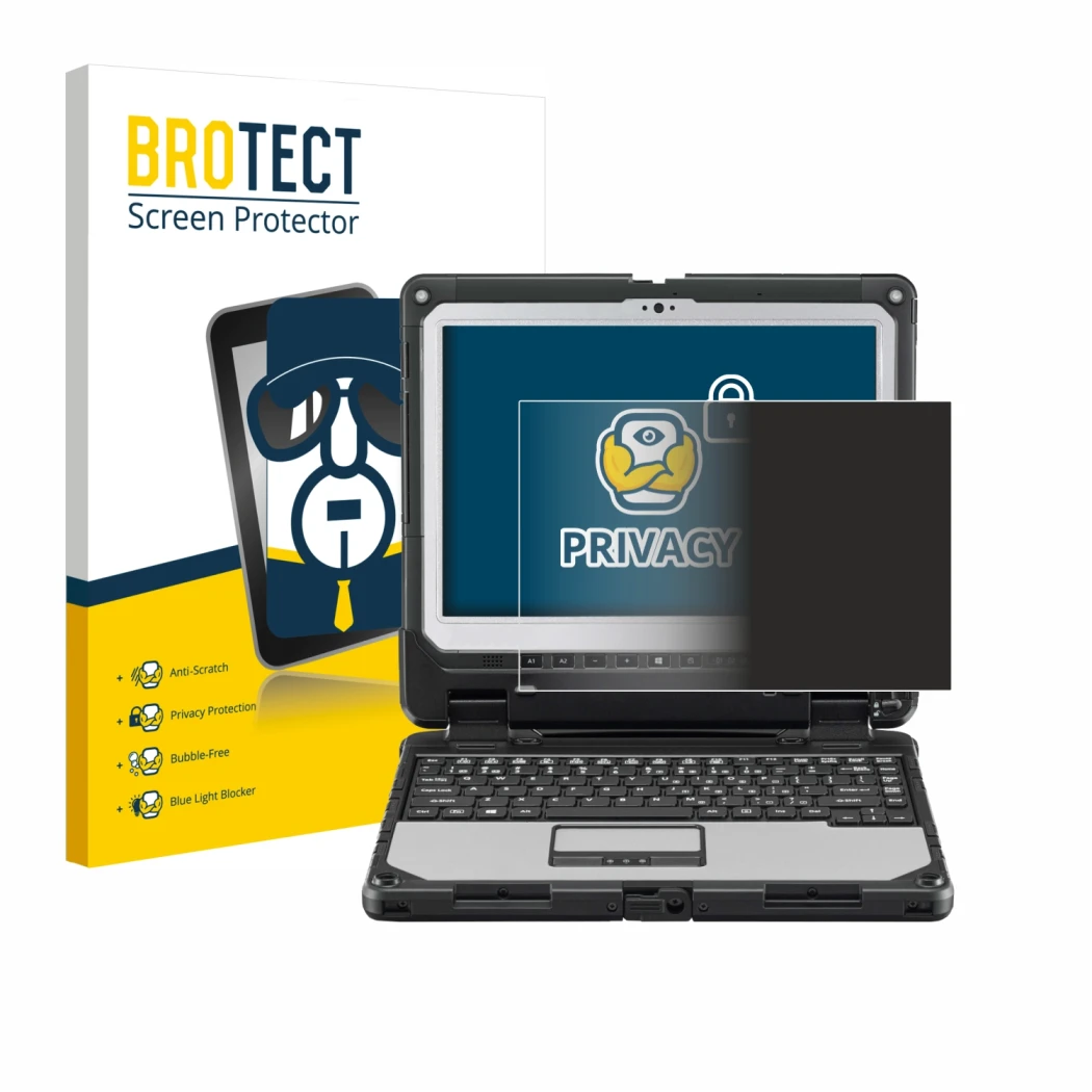 Face avant d’un emballage produit avec le logo de la marque BROTECT. À côté, l’appareil Panasonic Toughbook CF-33 est représen
