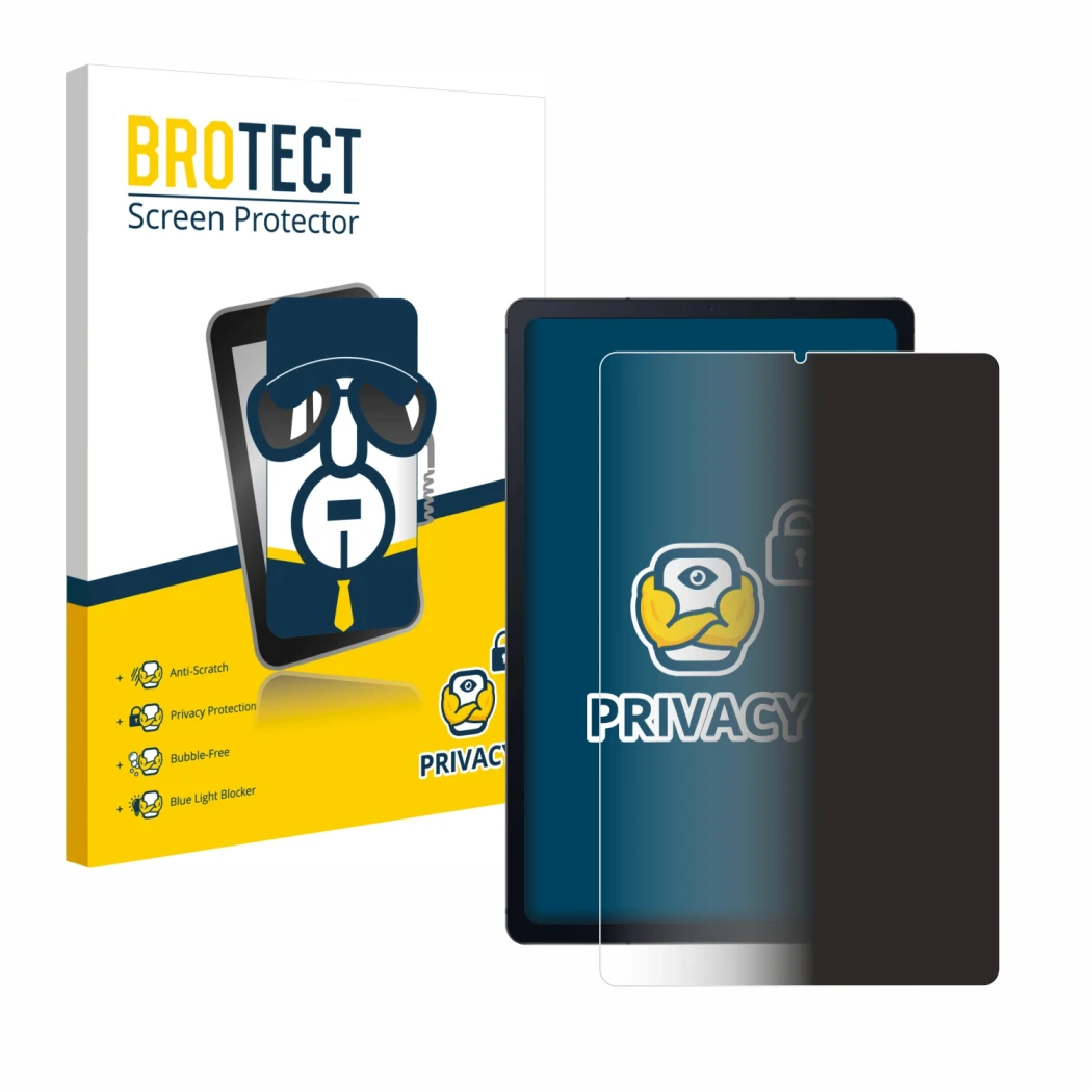 Face avant d’un emballage produit avec le logo de la marque BROTECT. À côté, l’appareil Samsung Galaxy Tab S6 Lite LTE 2020 es