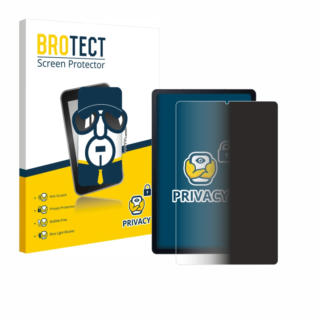 Face avant d’un emballage produit avec le logo de la marque BROTECT. À côté, l’appareil Samsung Galaxy Tab S6 Lite WiFi 2020 e