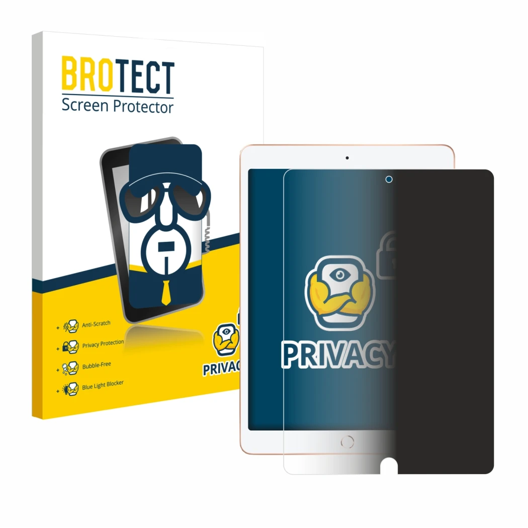 Face avant d’un emballage produit avec le logo de la marque BROTECT. À côté, l’appareil Apple iPad 10.2