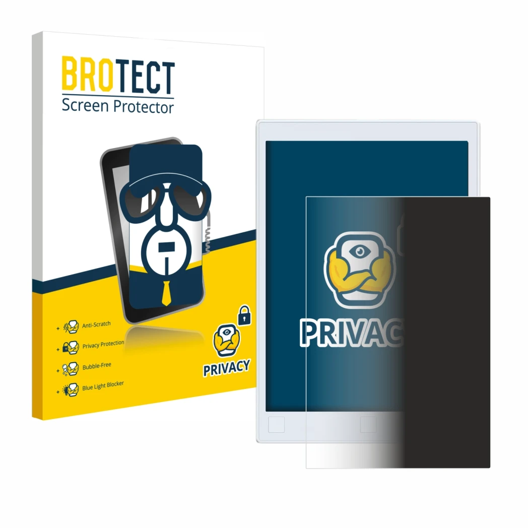 Face avant d’un emballage produit avec le logo de la marque BROTECT. À côté, l’appareil reMarkable 2 est représenté avec la pr