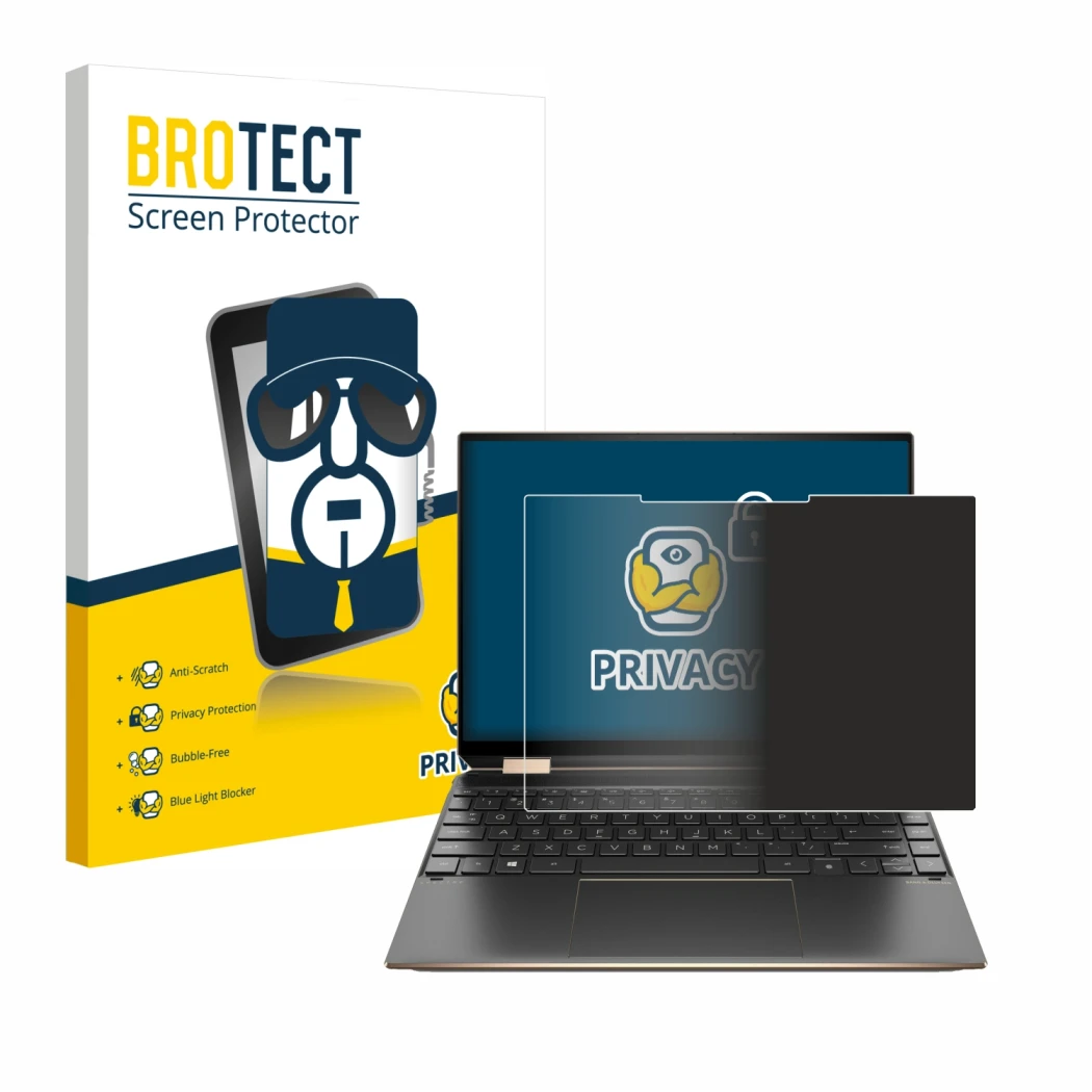 Face avant d’un emballage produit avec le logo de la marque BROTECT. À côté, l’appareil HP Spectre x360 (14-eX) 2021 est repré