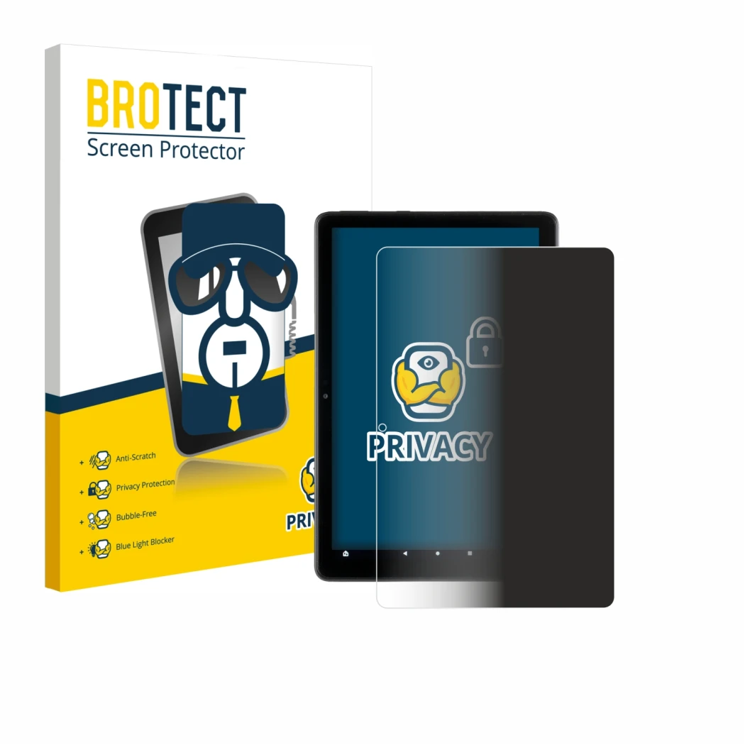 Face avant d’un emballage produit avec le logo de la marque BROTECT. À côté, l’appareil Amazon Fire HD 10 2021 (11ème Gen.) es