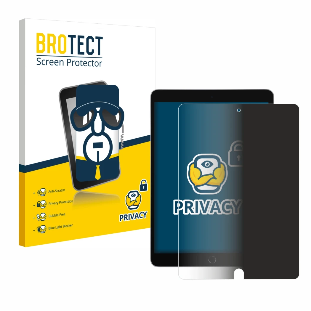 Face avant d’un emballage produit avec le logo de la marque BROTECT. À côté, l’appareil Apple iPad 10.2