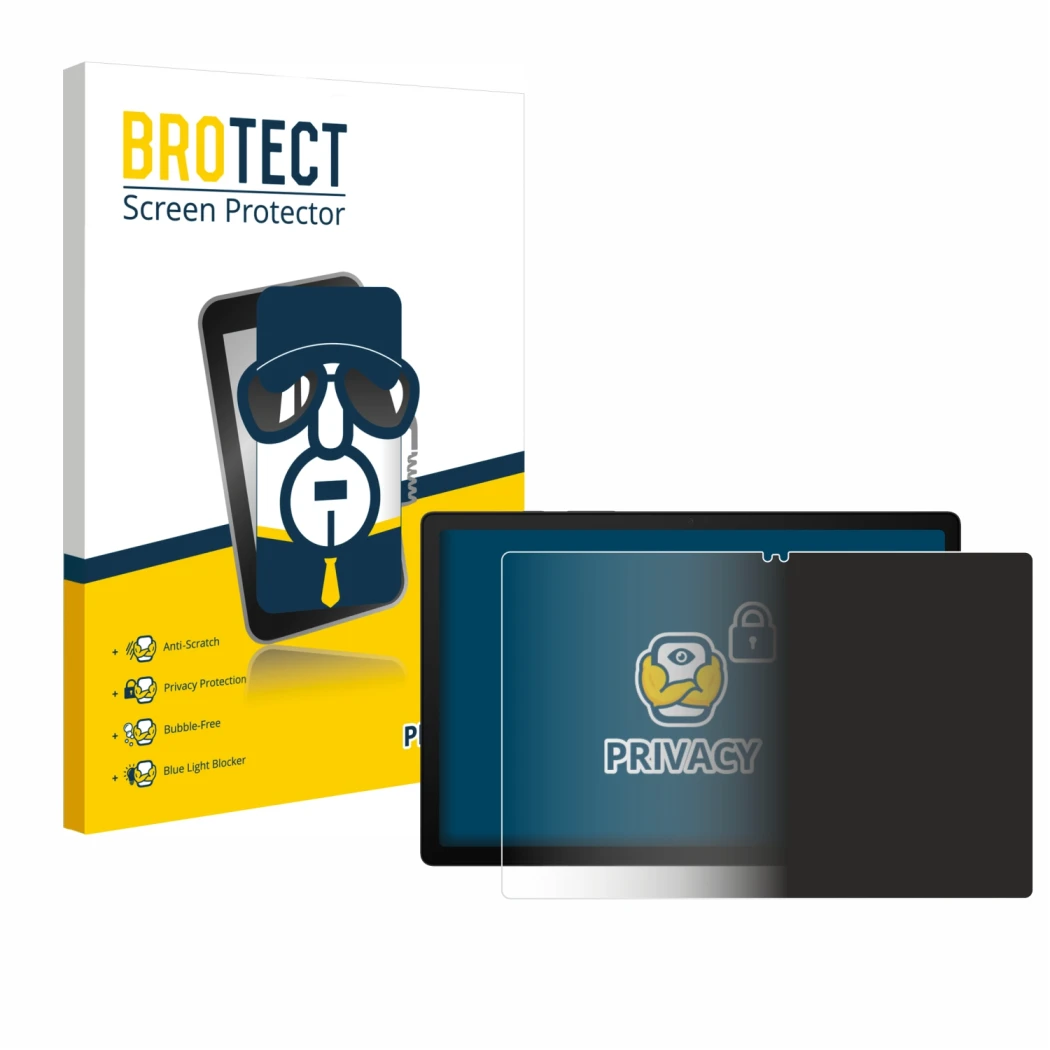 Face avant d’un emballage produit avec le logo de la marque BROTECT. À côté, l’appareil Samsung Galaxy Tab A8 WiFi est représe