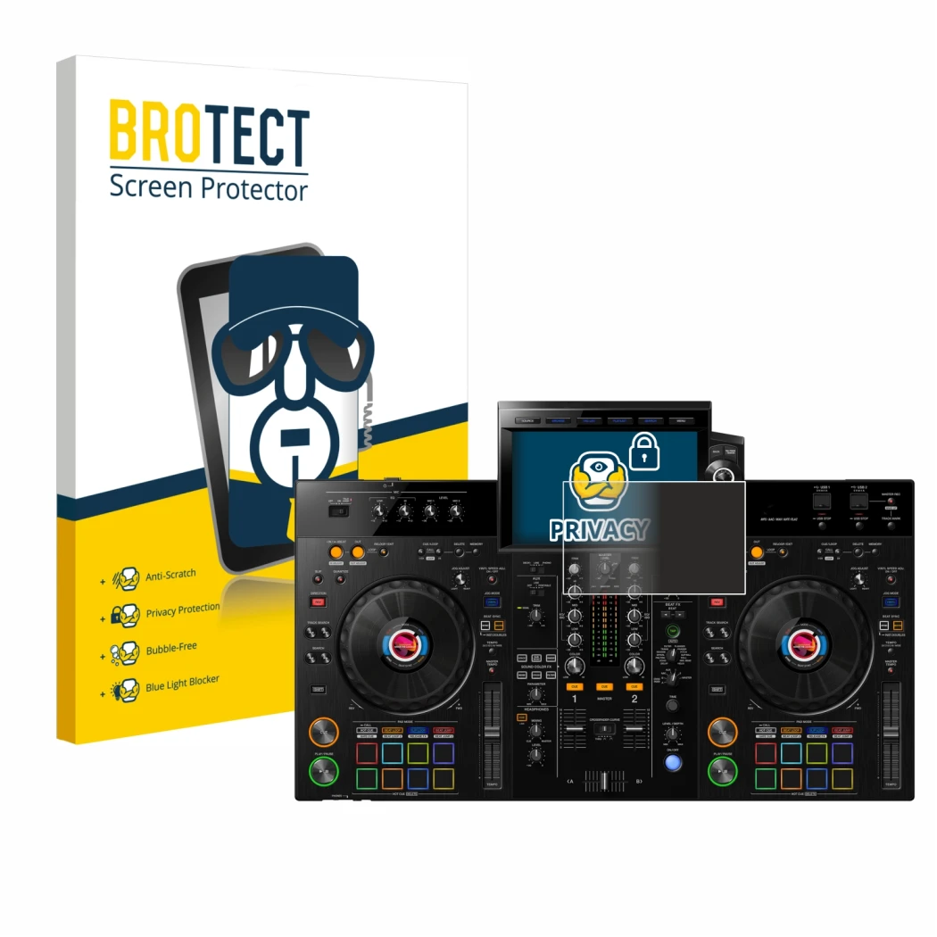 Face avant d’un emballage produit avec le logo de la marque BROTECT. À côté, l’appareil Pioneer XDJ-RX3 est représenté avec la