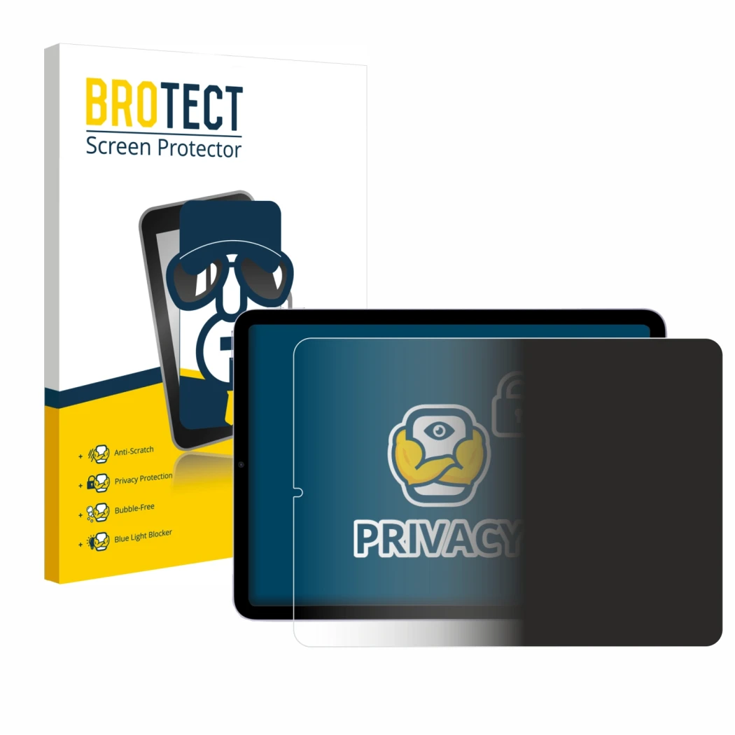 Face avant d’un emballage produit avec le logo de la marque BROTECT. À côté, l’appareil Apple iPad Air 5 WiFi 2022 (5ème Gen.)