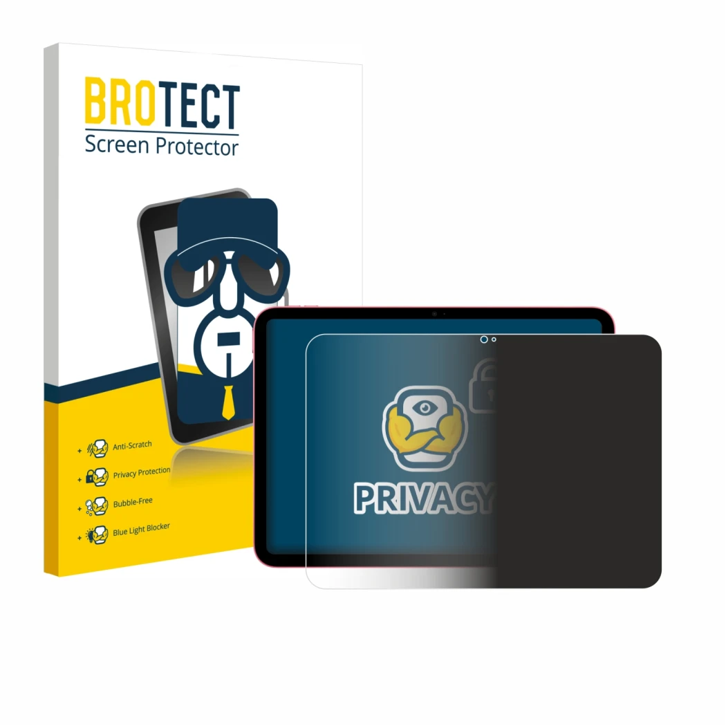 Face avant d’un emballage produit avec le logo de la marque BROTECT. À côté, l’appareil Apple iPad 10.9