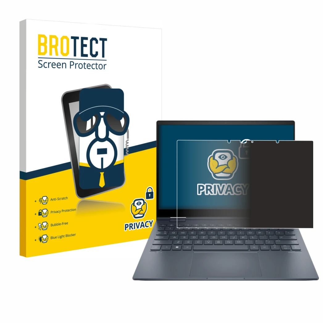 Face avant d’un emballage produit avec le logo de la marque BROTECT. À côté, l’appareil HP Envy x360 bf0775ng est représenté a