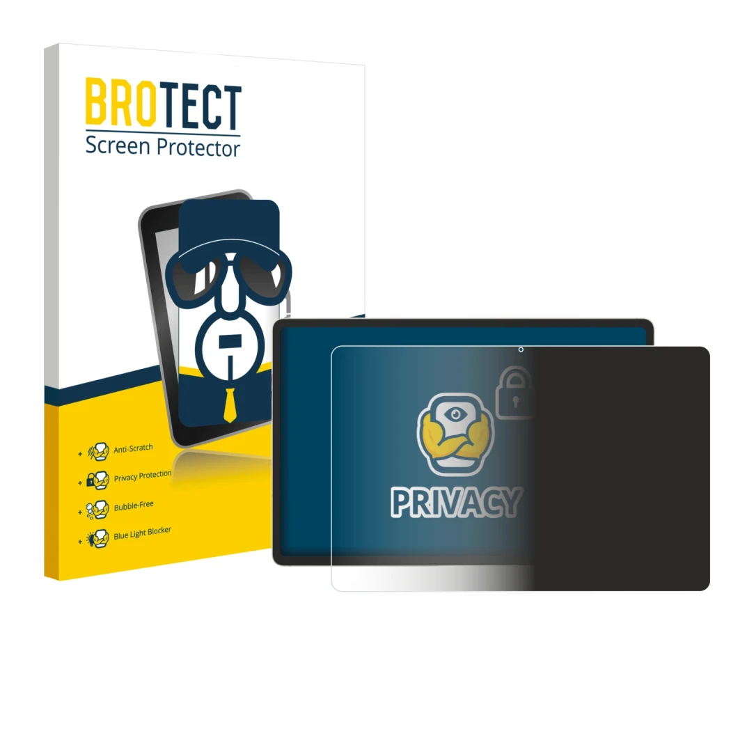 Face avant d’un emballage produit avec le logo de la marque BROTECT. À côté, l’appareil Samsung Galaxy Tab S9 Plus WiFi est re