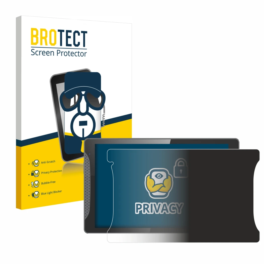 Face avant d’un emballage produit avec le logo de la marque BROTECT. À côté, l’appareil Logicom Multimedia Stand Pro est repré