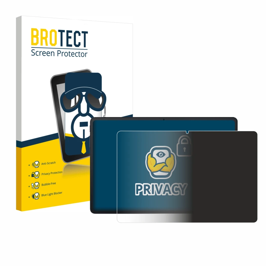 Face avant d’un emballage produit avec le logo de la marque BROTECT. À côté, l’appareil Blackview Tab 90 WiFi est représenté a