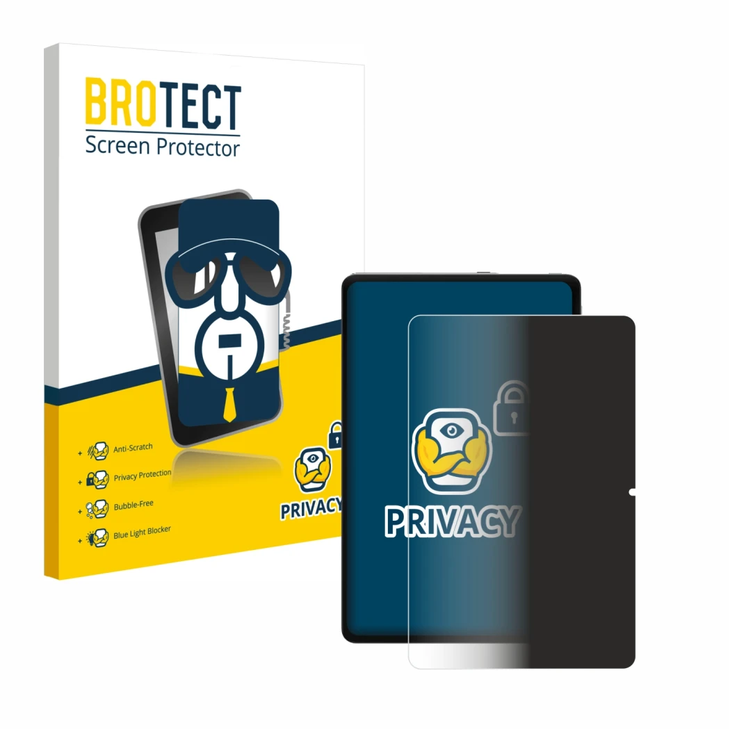 Face avant d’un emballage produit avec le logo de la marque BROTECT. À côté, l’appareil Xiaomi Redmi Pad Pro est représenté av