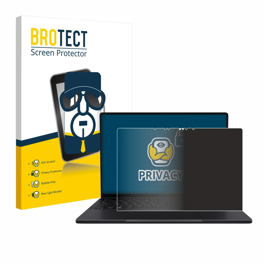 Face avant d’un emballage produit avec le logo de la marque BROTECT. À côté, l’appareil ASUS ProArt PX13 est représenté avec l