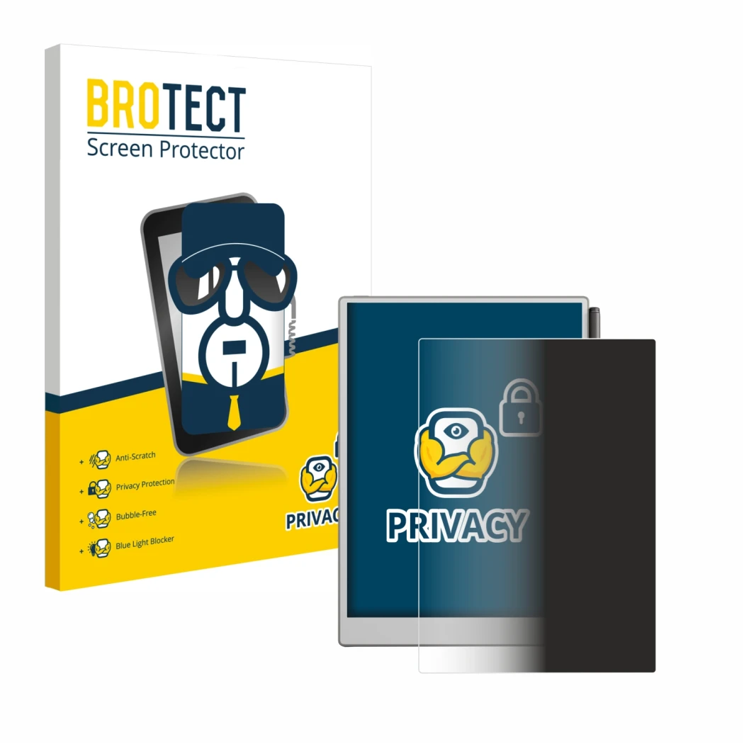 Face avant d’un emballage produit avec le logo de la marque BROTECT. À côté, l’appareil reMarkable Paper Pro est représenté av