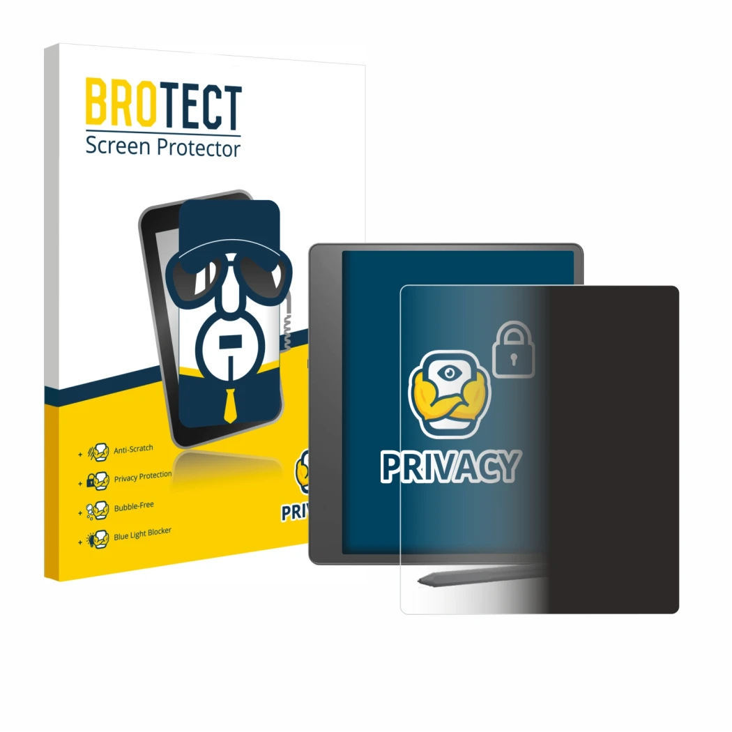 Face avant d’un emballage produit avec le logo de la marque BROTECT. À côté, l’appareil Amazon Kindle Scribe 2024 est représen