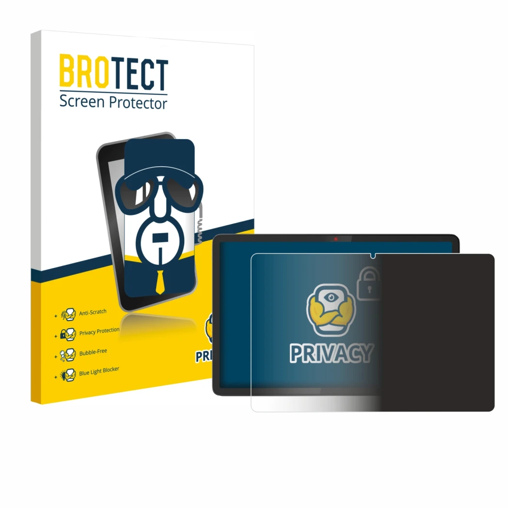 Face avant d’un emballage produit avec le logo de la marque BROTECT. À côté, l’appareil Lenovo Chromebook Duet 11M889 est repr