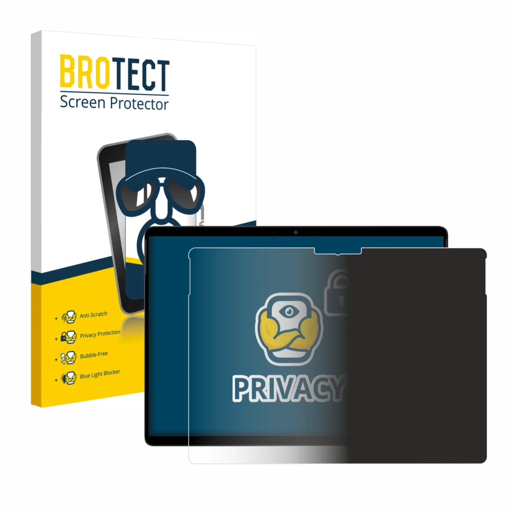 Face avant d’un emballage produit avec le logo de la marque BROTECT. À côté, l’appareil Chuwi Hi10 Max est représenté avec la 