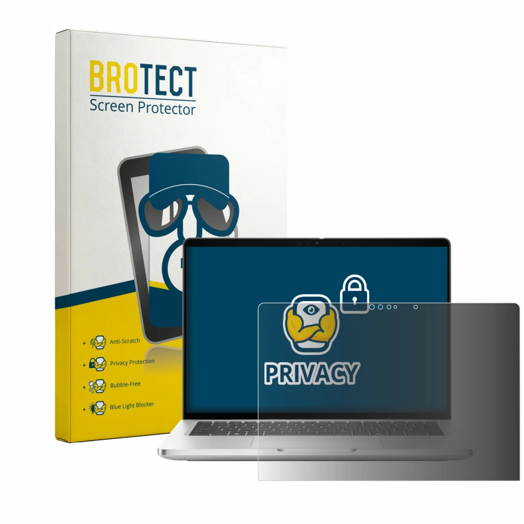 Face avant d’un emballage produit avec le logo de la marque BROTECT. À côté, l’appareil Dell Pro 13 Plus 2-in-1 est représenté