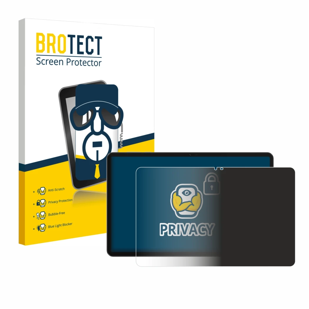 Face avant d’un emballage produit avec le logo de la marque BROTECT. À côté, l’appareil Honor Pad X9a est représenté avec la p