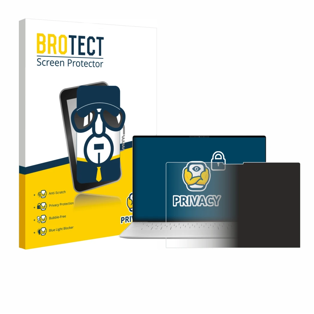 Face avant d’un emballage produit avec le logo de la marque BROTECT. À côté, l’appareil Dell XPS 13 9350 2024 est représenté a