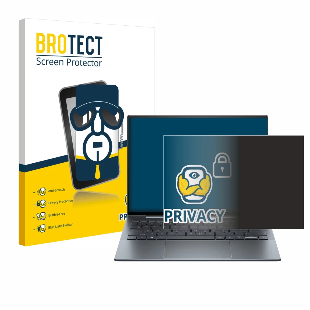 Face avant d’un emballage produit avec le logo de la marque BROTECT. À côté, l’appareil HP Dragonfly 13.5