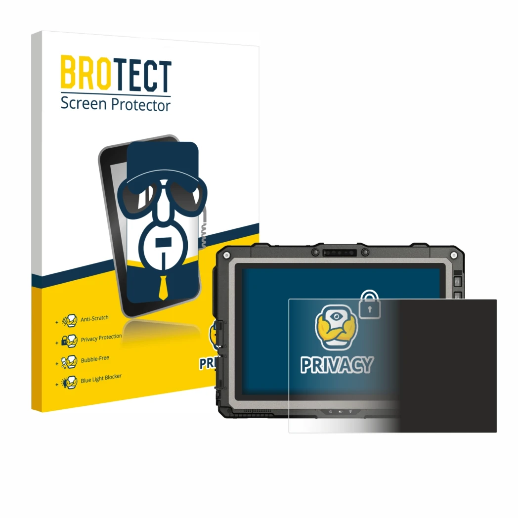 Face avant d’un emballage produit avec le logo de la marque BROTECT. À côté, l’appareil Getac UX10 G3 est représenté avec la p