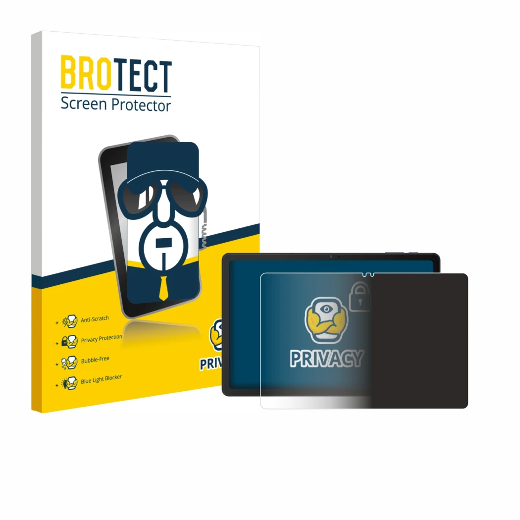 Face avant d’un emballage produit avec le logo de la marque BROTECT. À côté, l’appareil VALE Tablet V11E LTE est représenté av