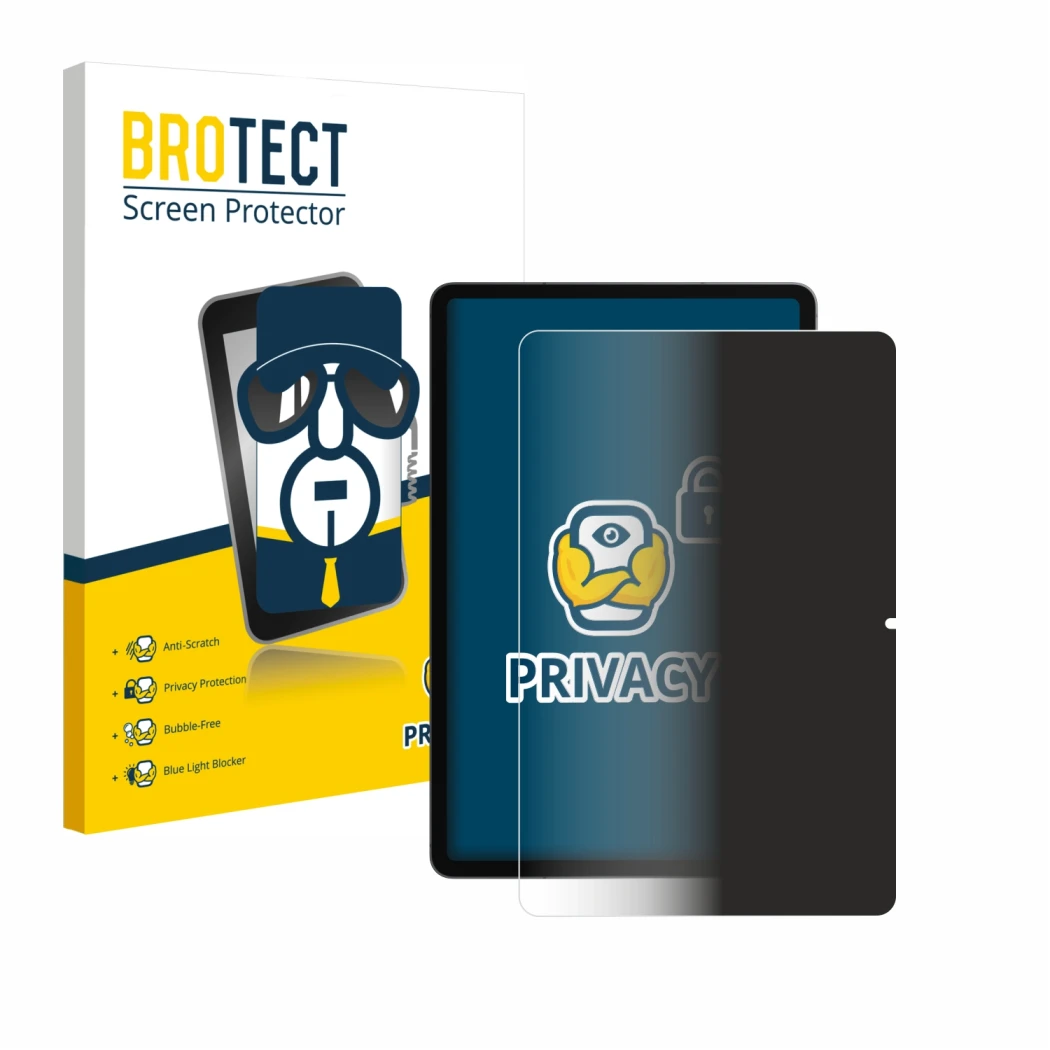 Face avant d’un emballage produit avec le logo de la marque BROTECT. À côté, l’appareil Samsung Galaxy Tab S11 (portrait) est 