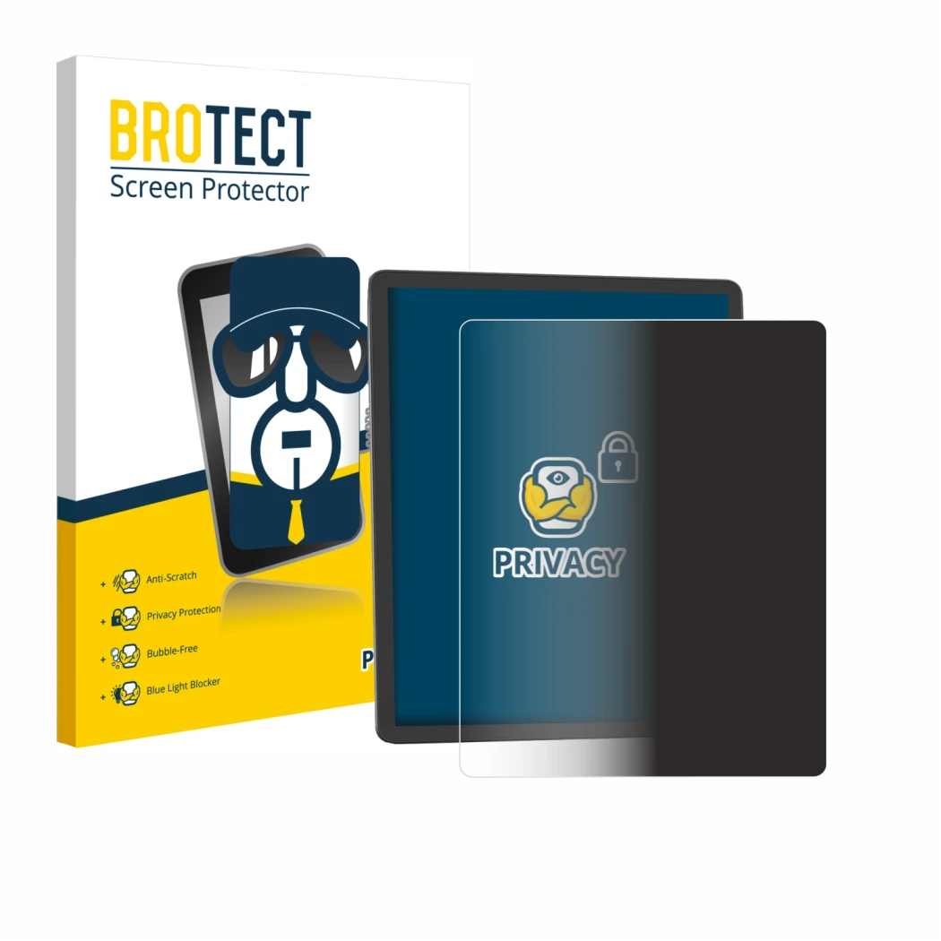 Face avant d’un emballage produit avec le logo de la marque BROTECT. À côté, l’appareil Amazon Kindle Scribe 2025 est représen