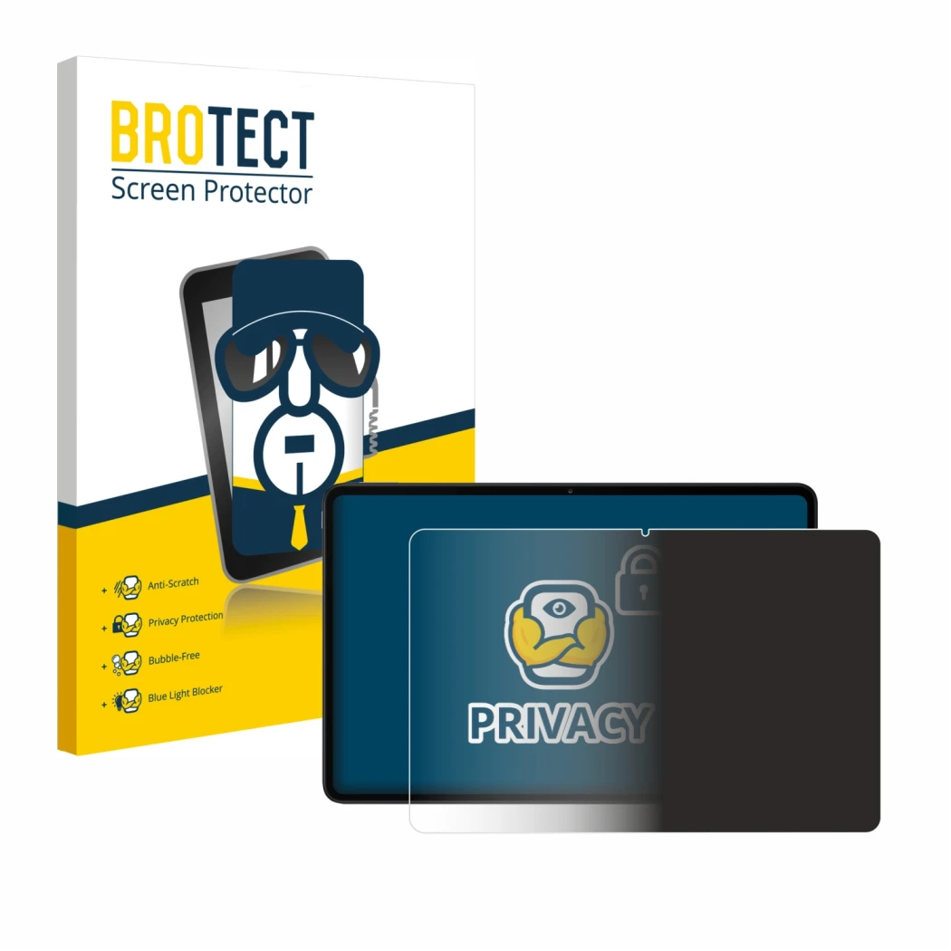 Face avant d’un emballage produit avec le logo de la marque BROTECT. À côté, l’appareil Xiaomi Redmi Pad 2 Pro (en paysage) es