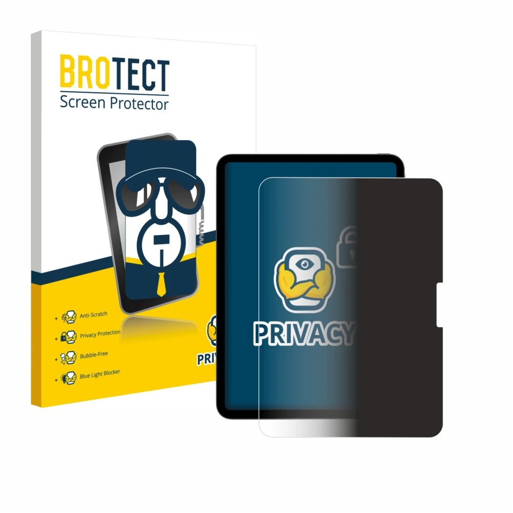 Face avant d’un emballage produit avec le logo de la marque BROTECT. À côté, l’appareil Apple iPad Pro 11