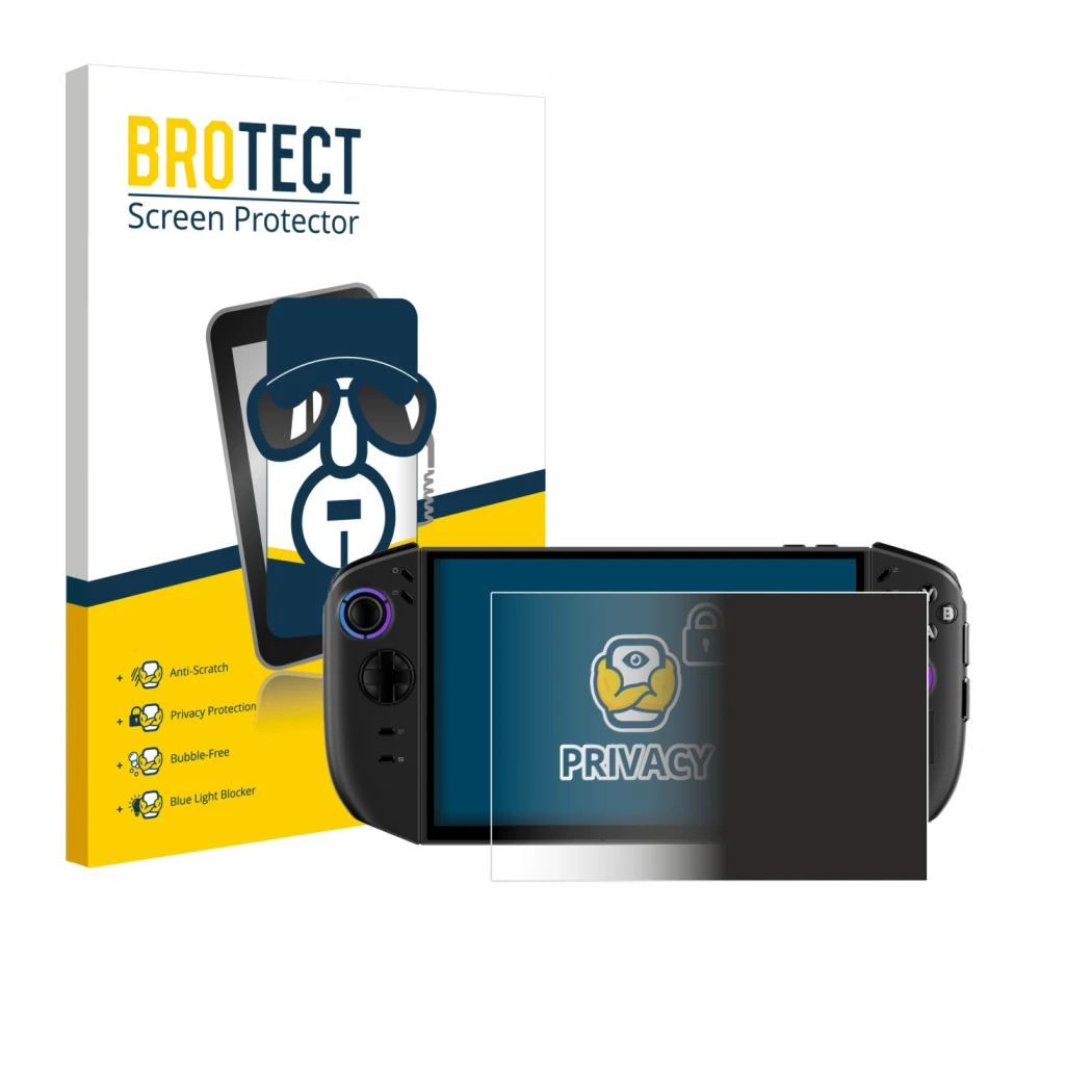 Face avant d’un emballage produit avec le logo de la marque BROTECT. À côté, l’appareil Lenovo Legion Go Gen 2 est représenté 