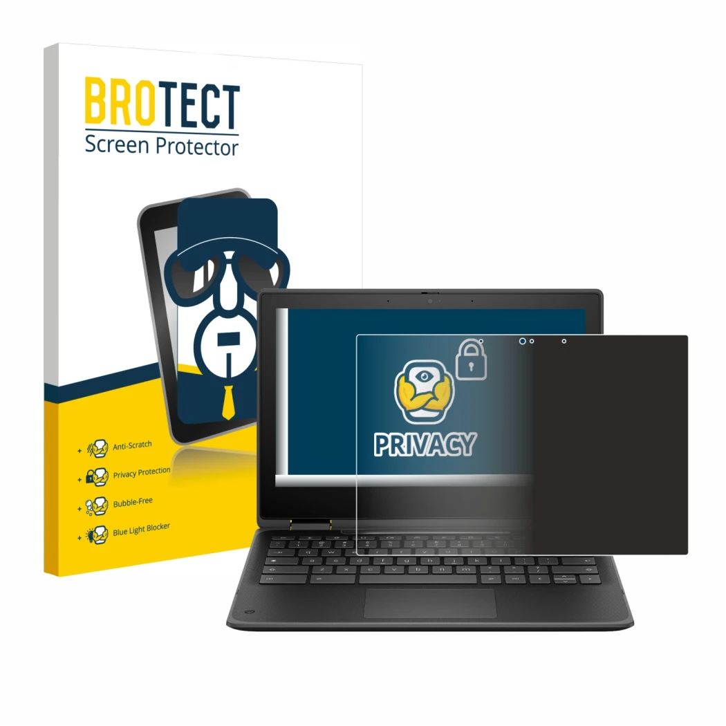 Face avant d’un emballage produit avec le logo de la marque BROTECT. À côté, l’appareil HP Fortis Flip G1i 11