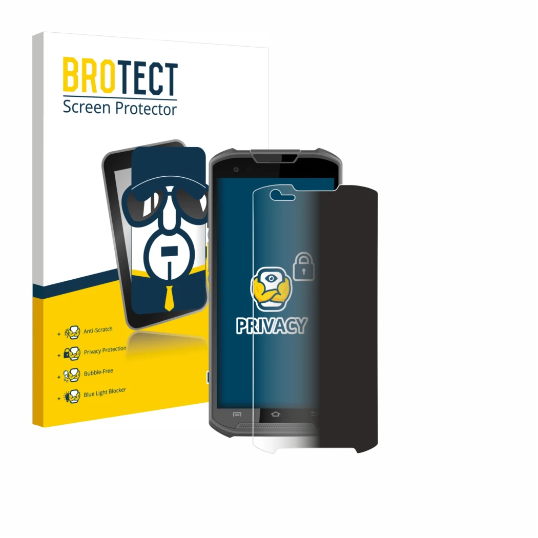 Face avant d’un emballage produit avec le logo de la marque BROTECT. À côté, l’appareil Newland MT93 est représenté avec la pr