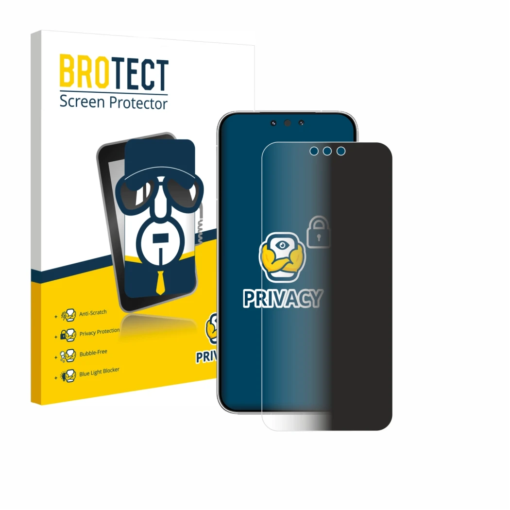 Face avant d’un emballage produit avec le logo de la marque BROTECT. À côté, l’appareil Huawei Mate 80 Pro est représenté avec