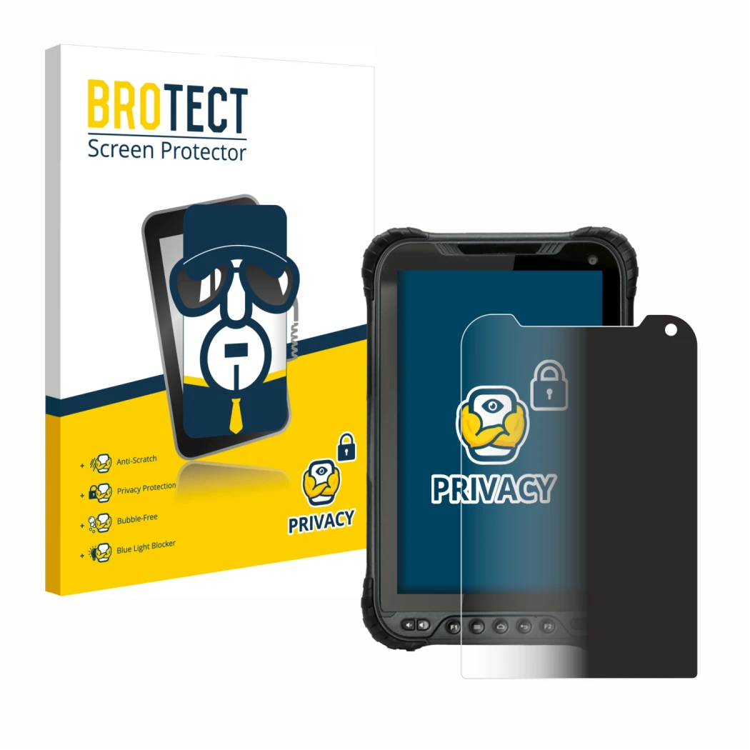 Face avant d’un emballage produit avec le logo de la marque BROTECT. À côté, l’appareil Unitech TB85 Plus est représenté avec 