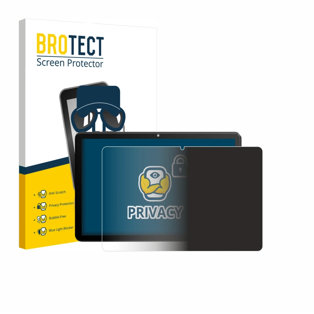 Face avant d’un emballage produit avec le logo de la marque BROTECT. À côté, l’appareil Rebecco Z50 10.1