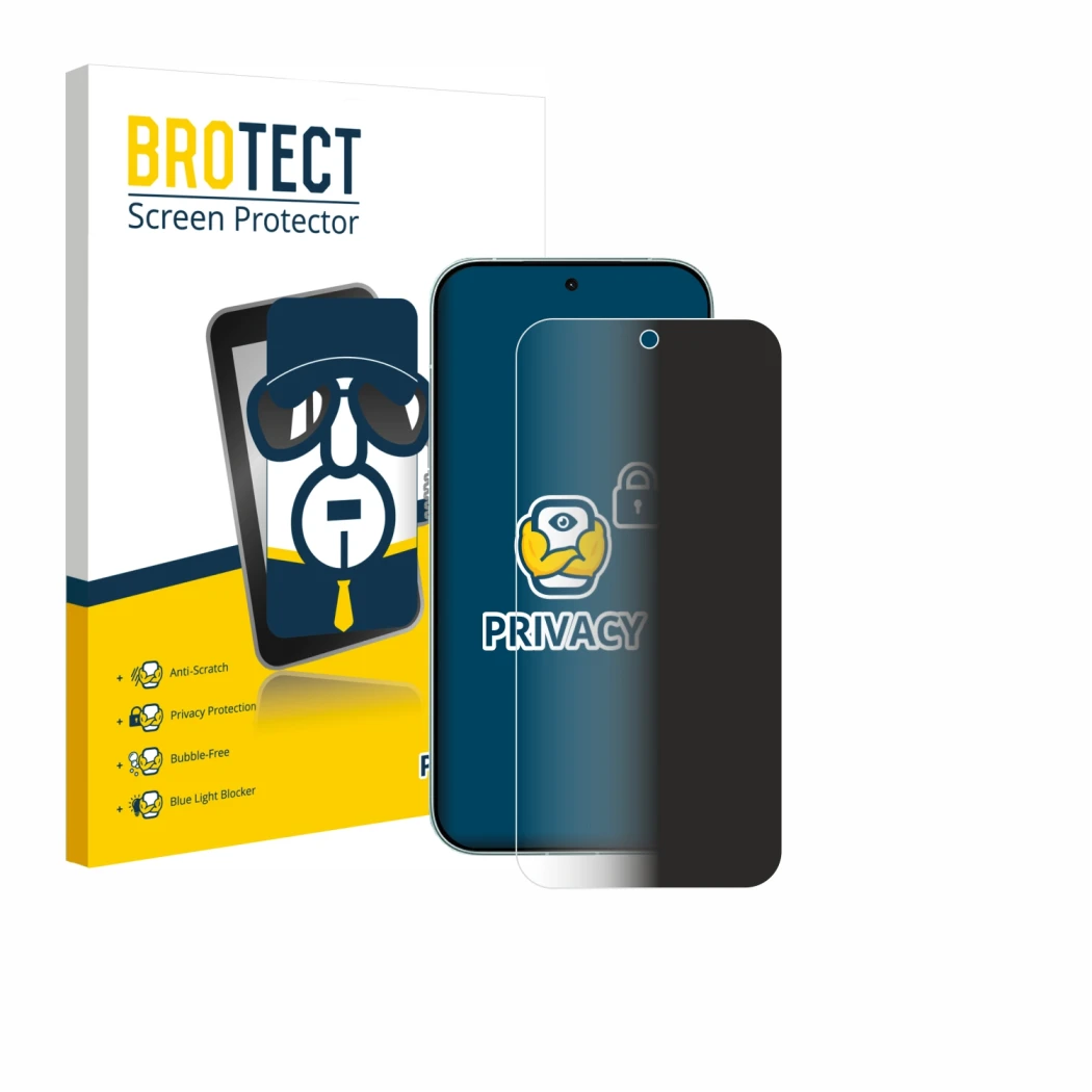 Face avant d’un emballage produit avec le logo de la marque BROTECT. À côté, l’appareil Xiaomi Redmi Turbo 5 est représenté av