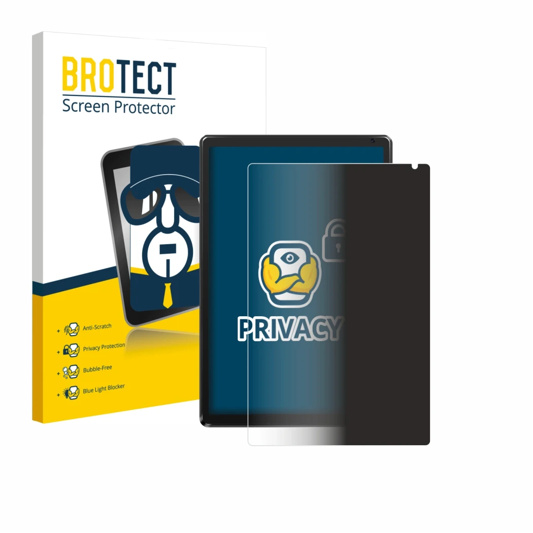 Face avant d’un emballage produit avec le logo de la marque BROTECT. À côté, l’appareil Ainmel AMLC12 10.1