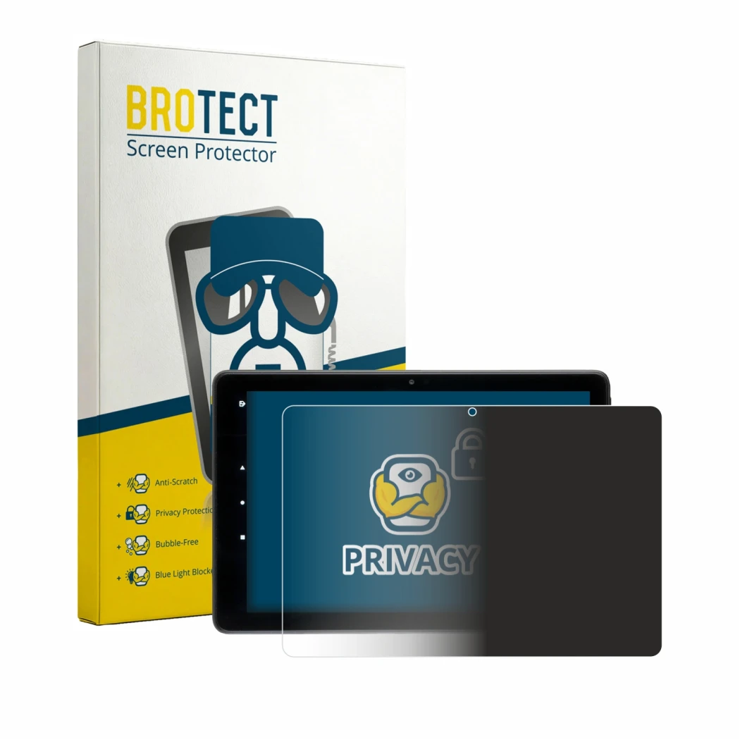 Face avant d’un emballage produit avec le logo de la marque BROTECT. À côté, l’appareil Amazon Fire HD 10 2021 (11. Gen.) (en 