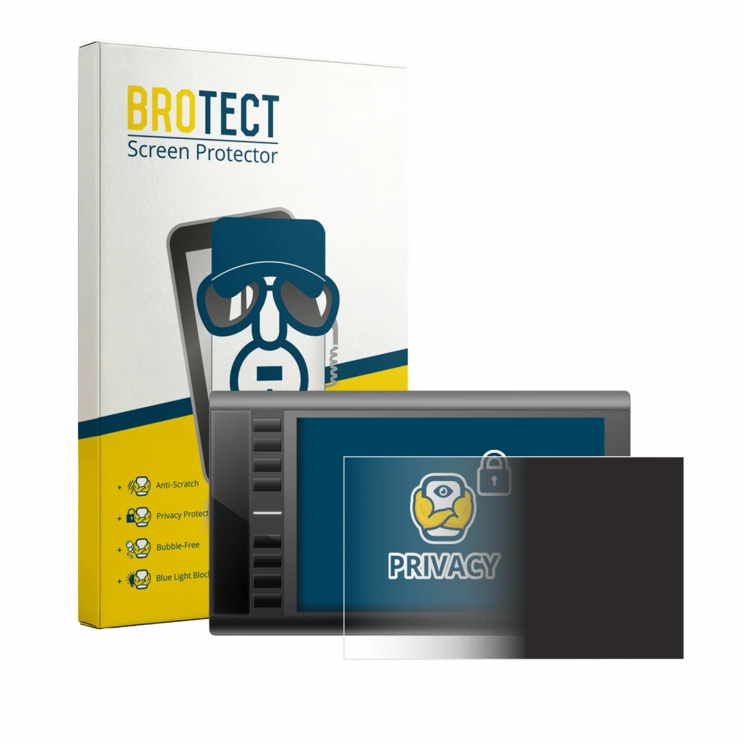 Face avant d’un emballage produit avec le logo de la marque BROTECT. À côté, l’appareil Ugee M708 est représenté avec la prote