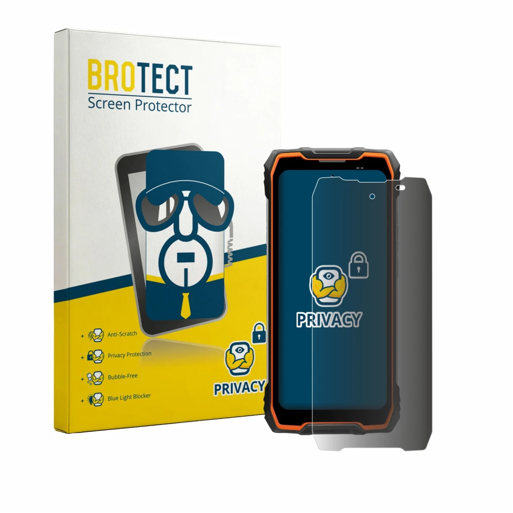 Face avant d’un emballage produit avec le logo de la marque BROTECT. À côté, l’appareil Blackview Rock 2 est représenté avec l