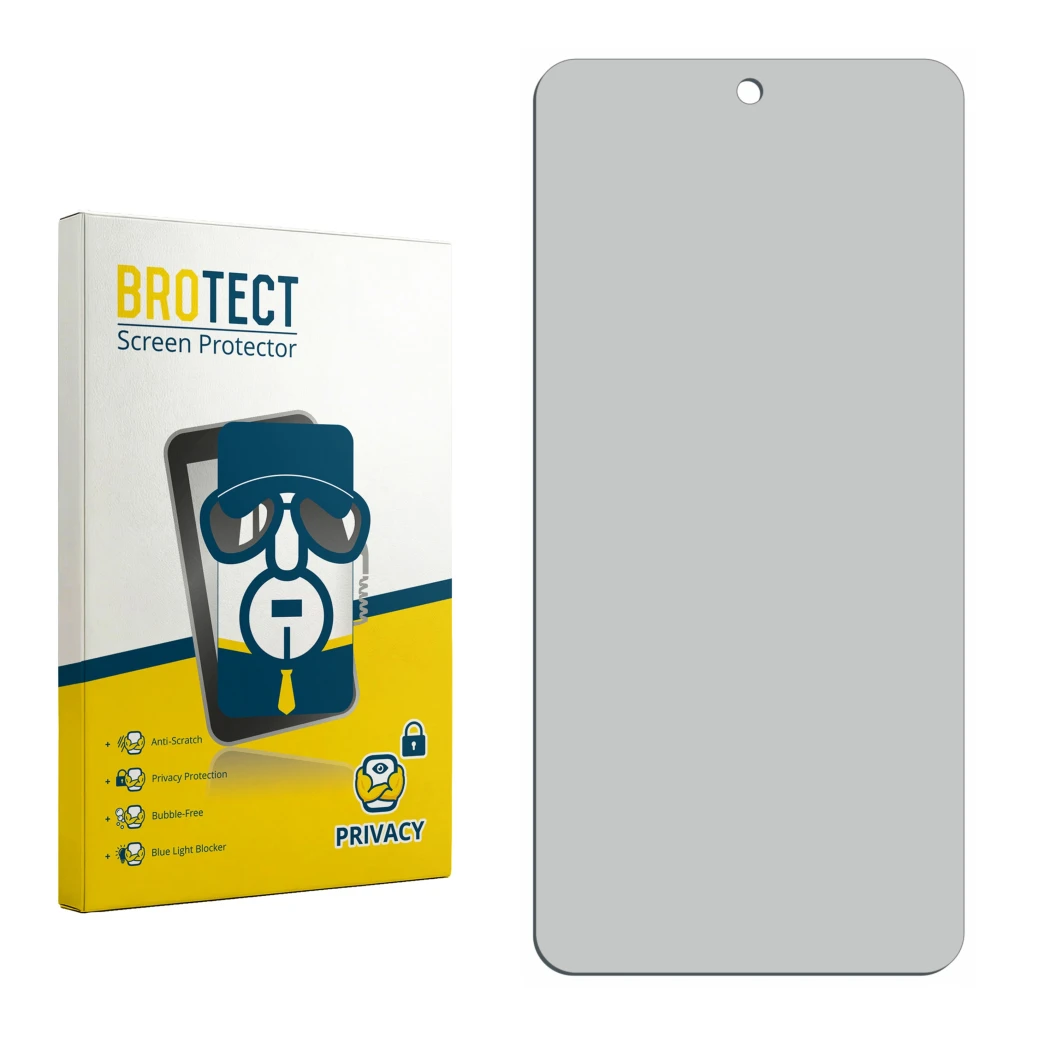 Face avant d’un emballage produit avec le logo de la marque BROTECT. À côté se trouve la protection d’écran correspondante.