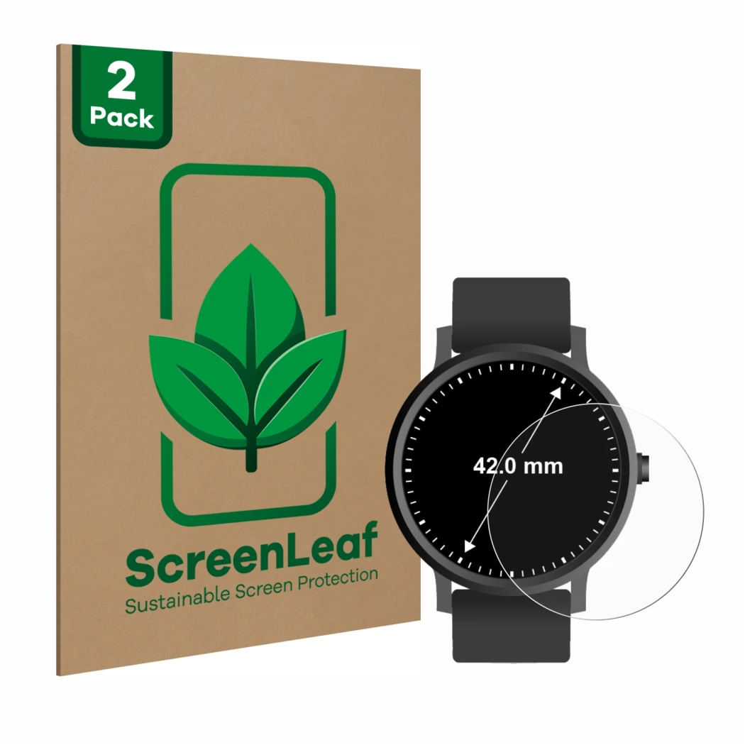 Face avant d’un emballage produit avec le logo de la marque ScreenLeaf. À côté, l’appareil Montres (Circulaire, ø: 42 mm) est 