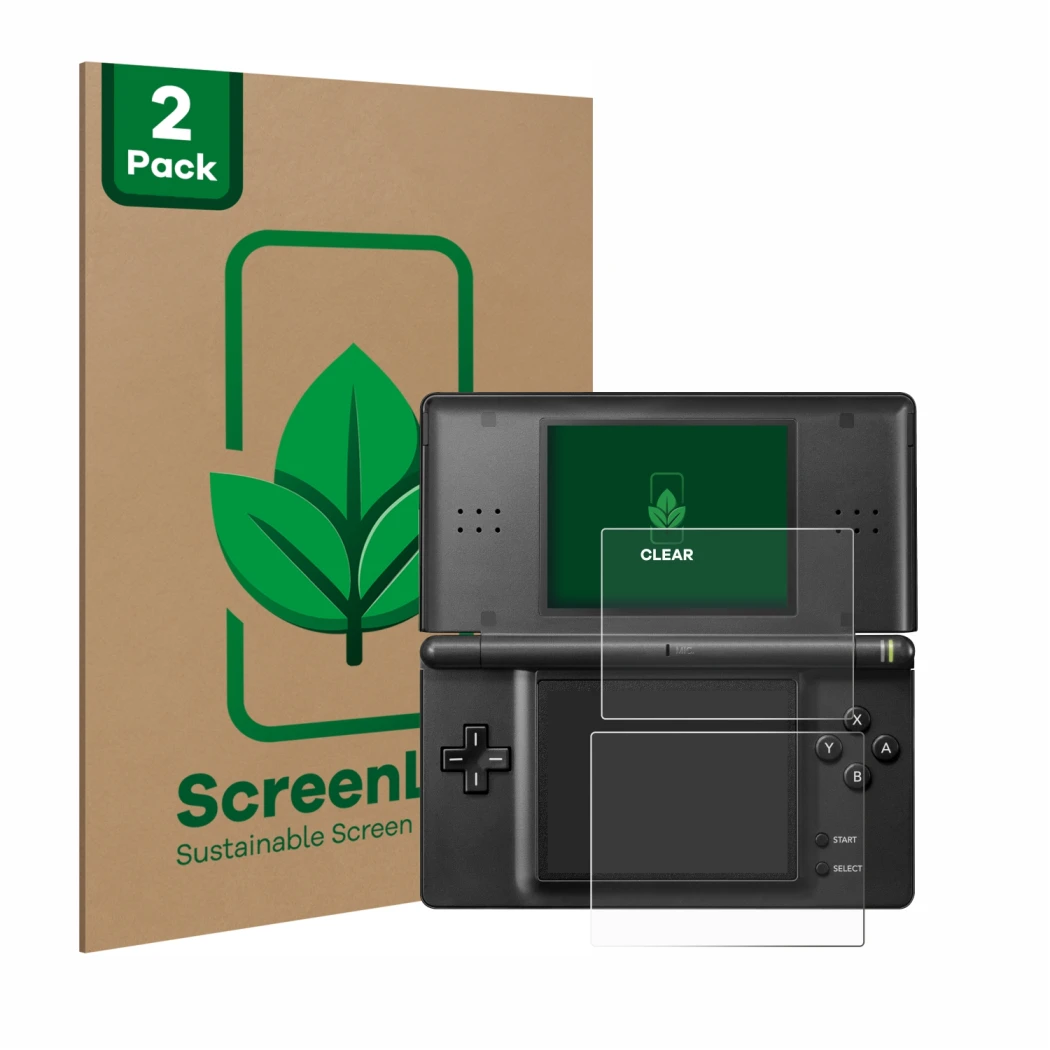 Face avant d’un emballage produit avec le logo de la marque ScreenLeaf. À côté, l’appareil Nintendo DS LITE est représenté ave