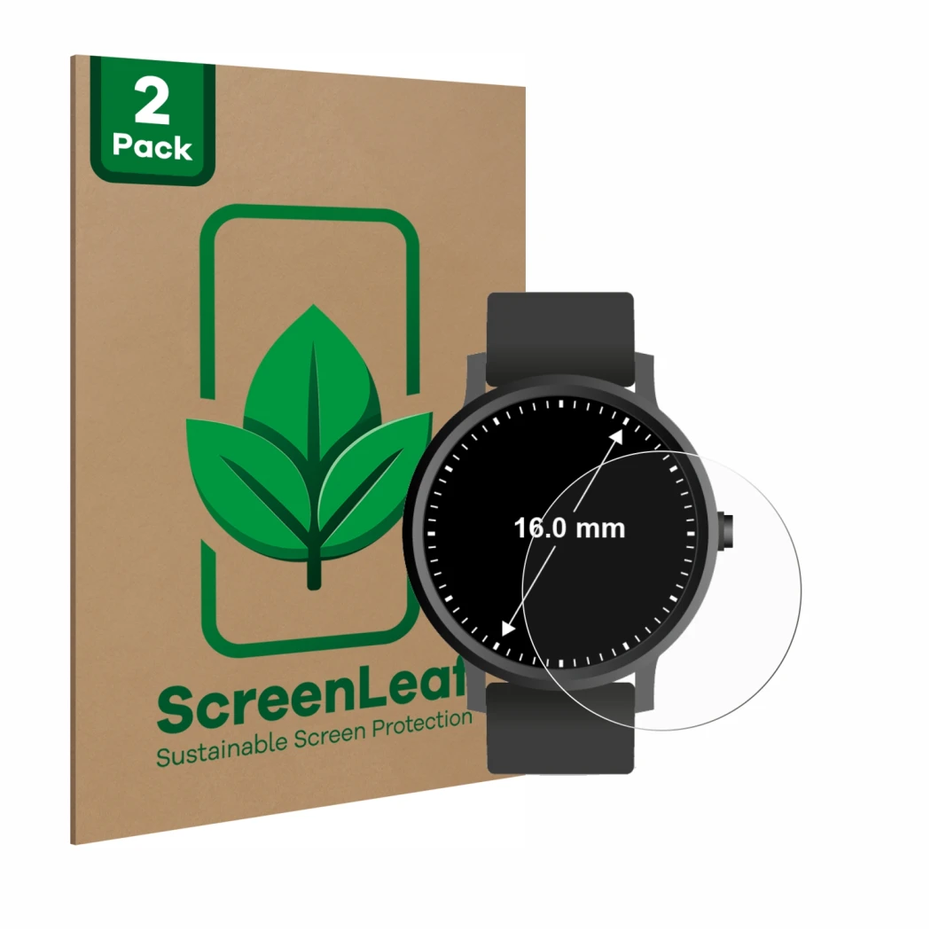 Face avant d’un emballage produit avec le logo de la marque ScreenLeaf. À côté, l’appareil Montres (Circulaire, ø: 16 mm) est 
