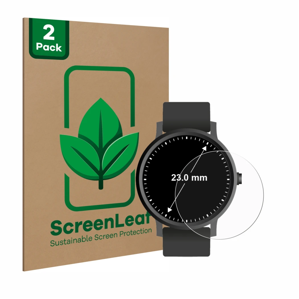 Face avant d’un emballage produit avec le logo de la marque ScreenLeaf. À côté, l’appareil Montres (Circulaire, ø: 23 mm) est 