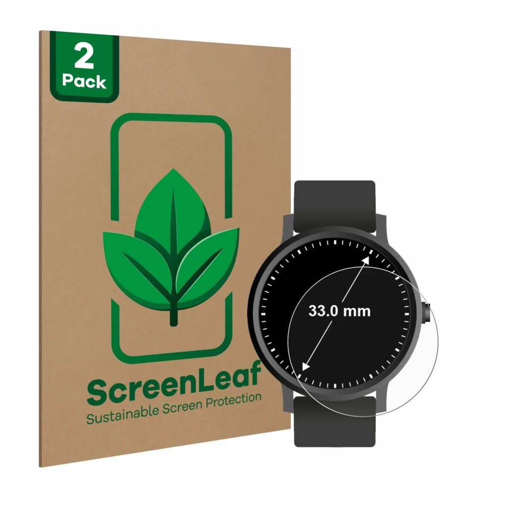 Face avant d’un emballage produit avec le logo de la marque ScreenLeaf. À côté, l’appareil Montres (Circulaire, ø: 33 mm) est 