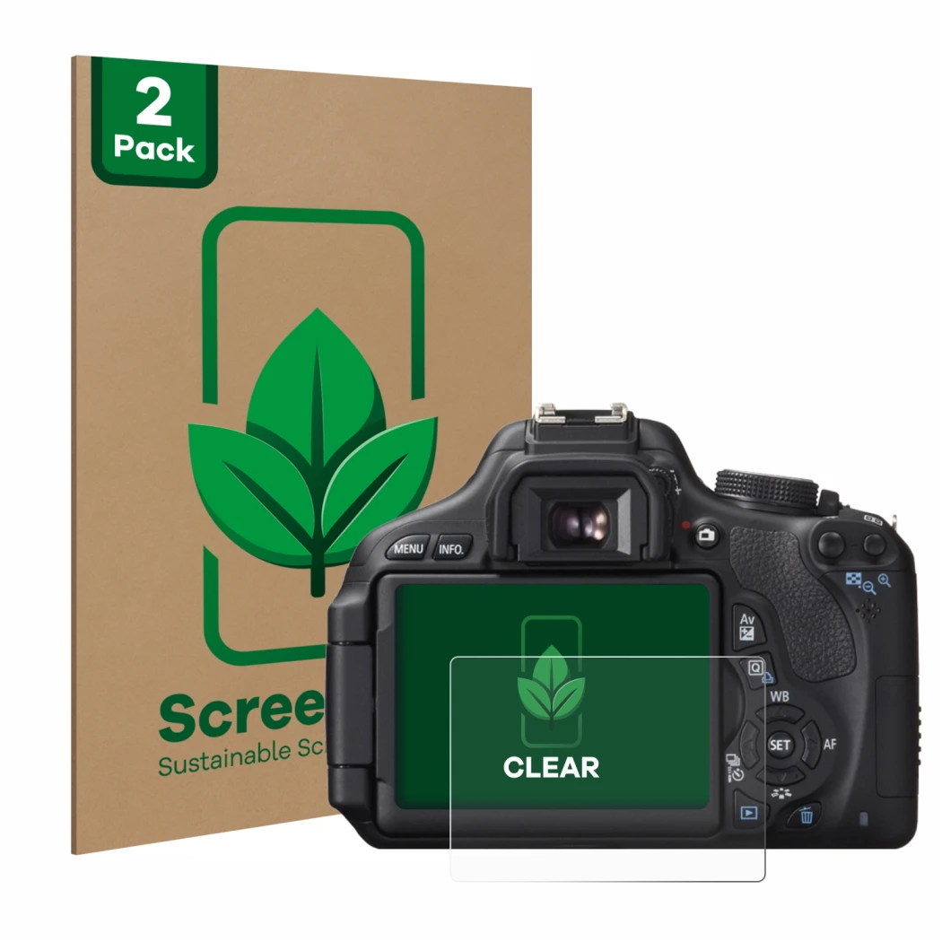 Face avant d’un emballage produit avec le logo de la marque ScreenLeaf. À côté, l’appareil Canon EOS 600D est représenté avec 
